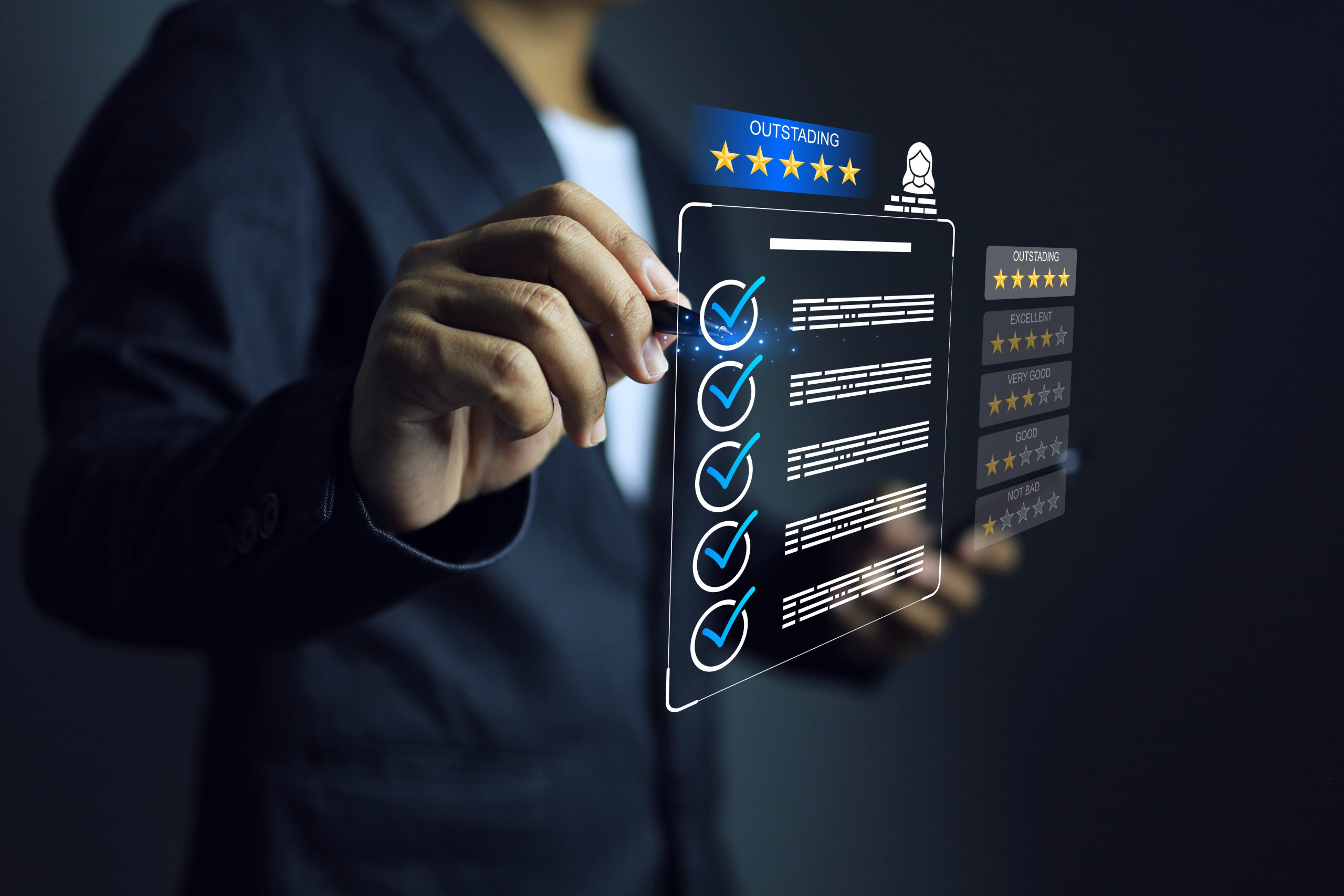 Businessman tick check mark customer survey to evaluating a vendor supplier industrial facility and rated a maximum outstanding five stars according to the ISO management system.